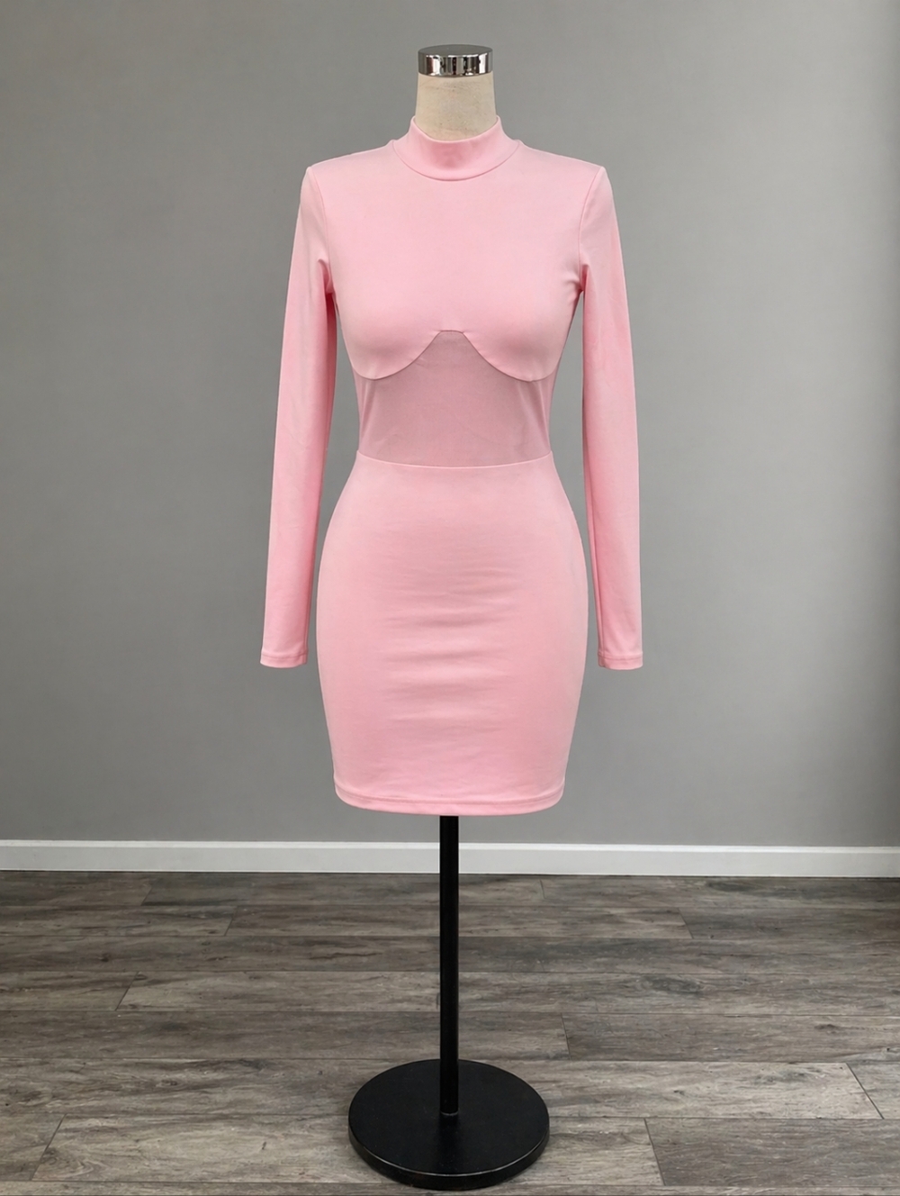 Women's Pink Long-Sleeve Mini Dress with Sheer Panel